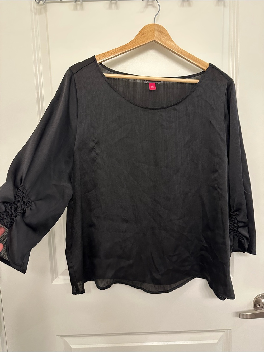 Women’s Black Scoop Neck Blouse with Smocked Sleeves